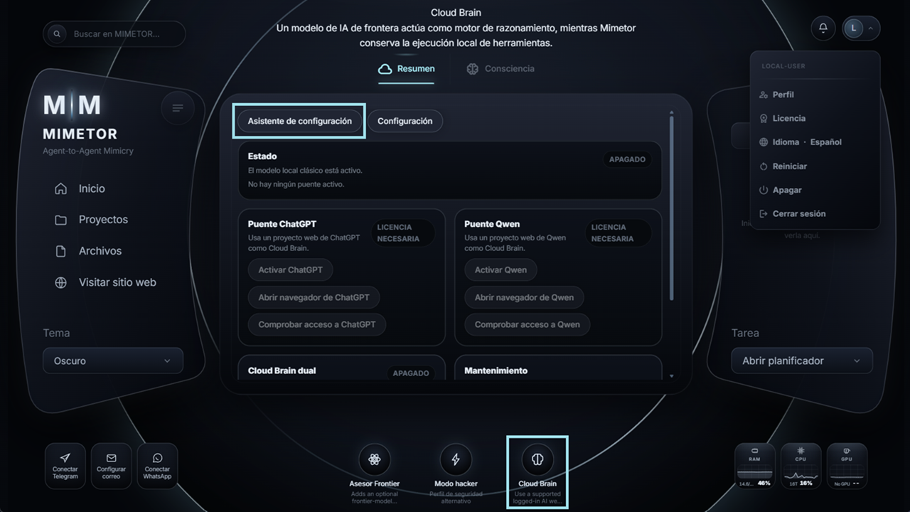 Pantalla real de inicio de MIMETOR con Cloud Brain resaltado
