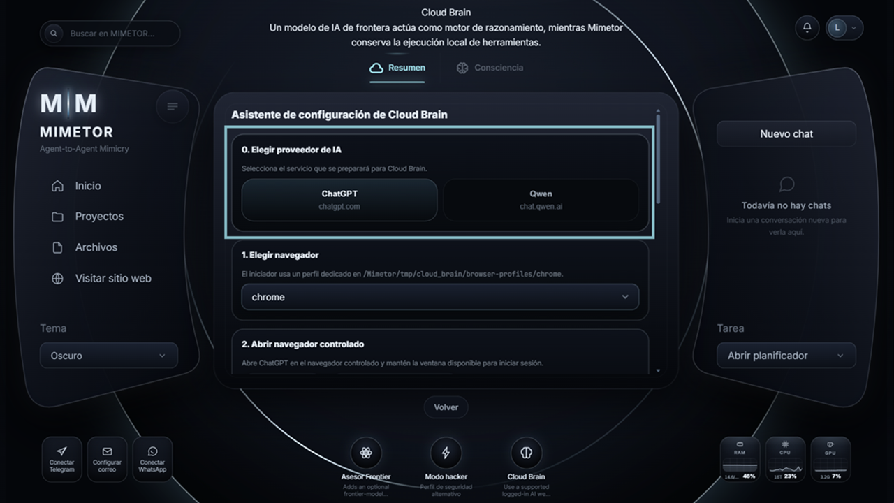 Resumen real de Cloud Brain con las tarjetas de los puentes ChatGPT y Qwen
