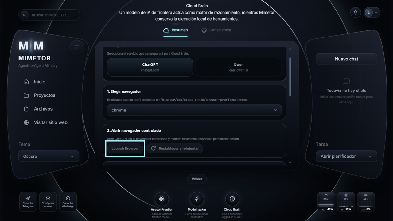 Pantalla real de Cloud Brain con las acciones de iniciar navegador y verificar acceso