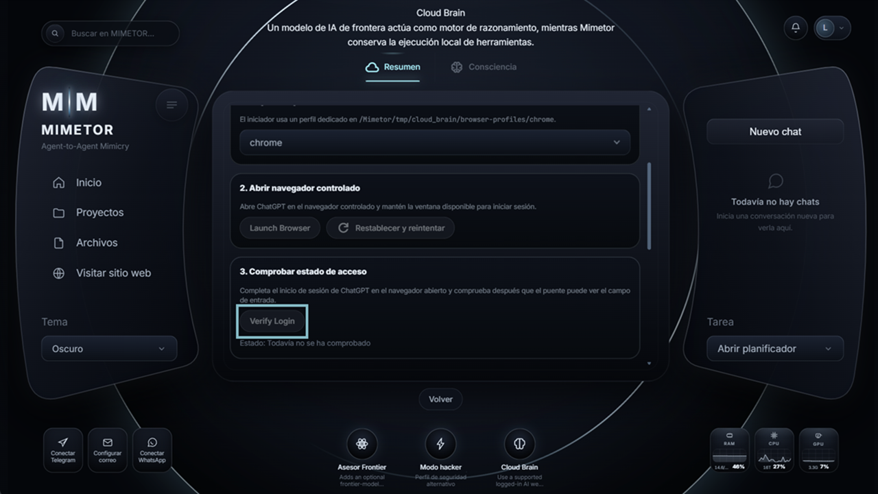 Vista real del estado de Cloud Brain utilizada para verificar el acceso del proveedor
