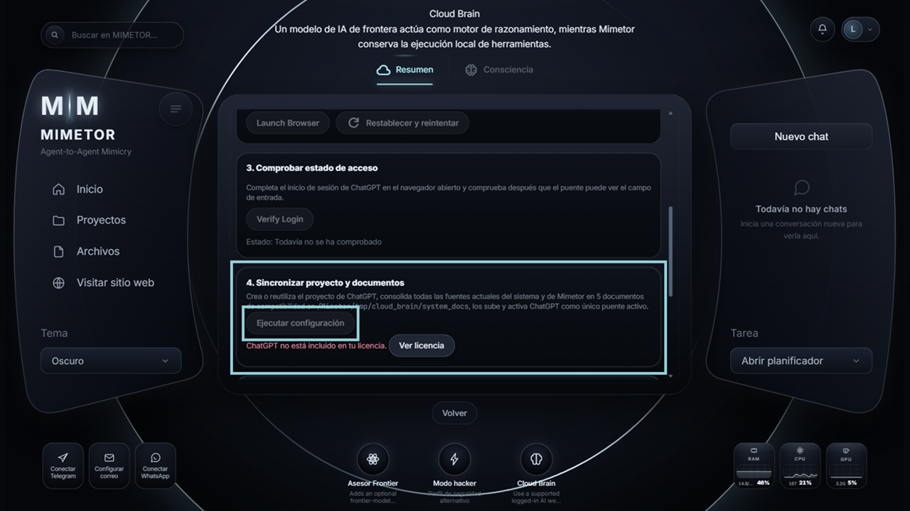 Interfaz real de configuración de Cloud Brain en MIMETOR
