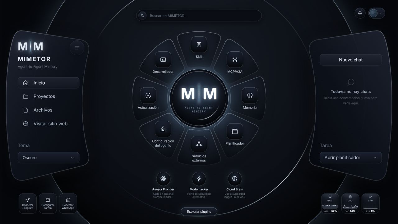 Pantalla real de inicio de MIMETOR con Cloud Brain resaltado